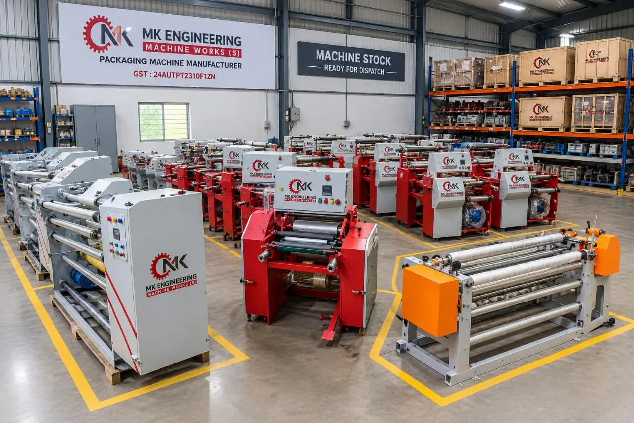 MK Engineering showroom with machines ready for dispatch